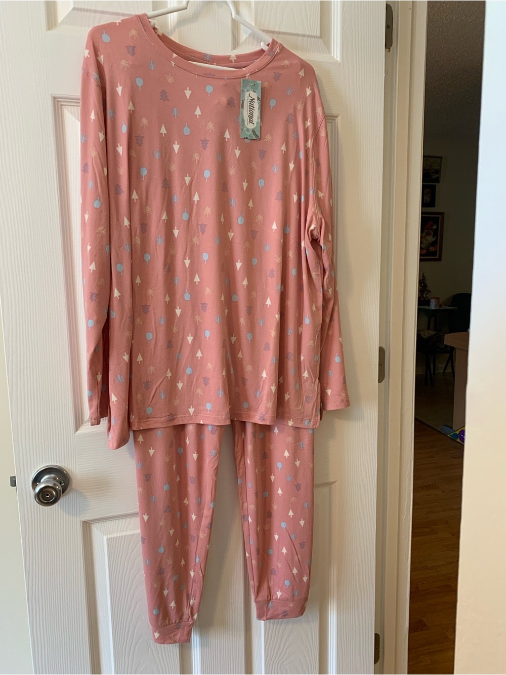 Womens Pajama Set - Pink Holiday Tree Print